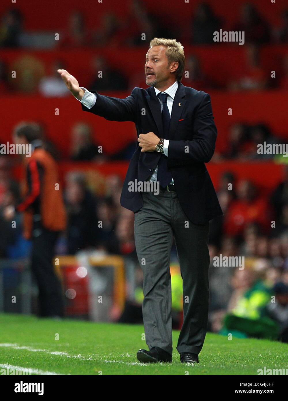 Soccer - UEFA Champions League - Group C - Manchester United v FC Basle - Old Trafford. Basle coach Thorsten Fink gestures on the touchline Stock Photo