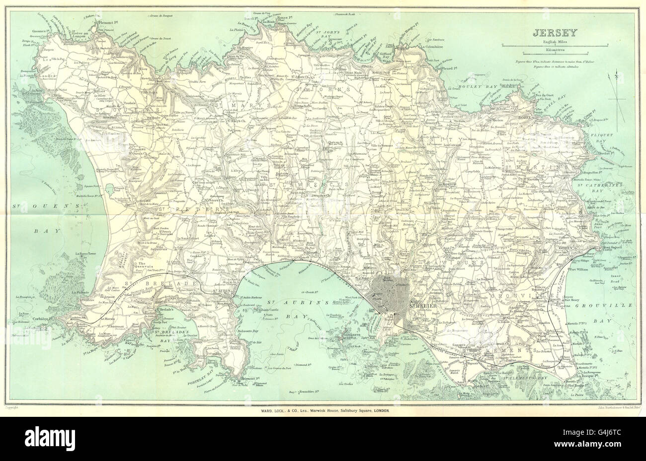 CHANNEL ISLANDS: Jersey. St Helier. WARD LOCK, 1925 vintage map Stock Photo