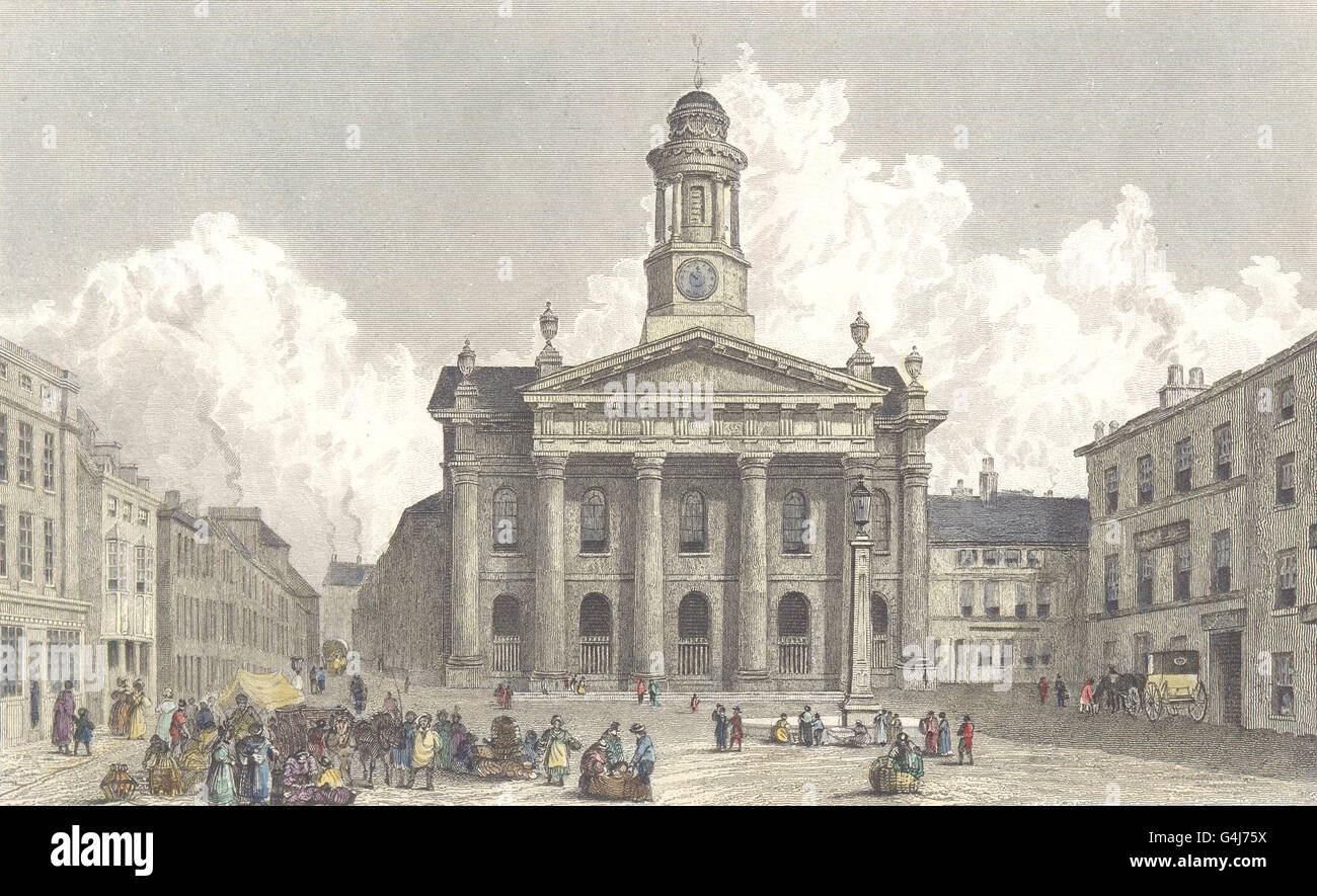 LANCASTER: Sessions House and Market: Hand coloured (Westall), old print c1833 Stock Photo