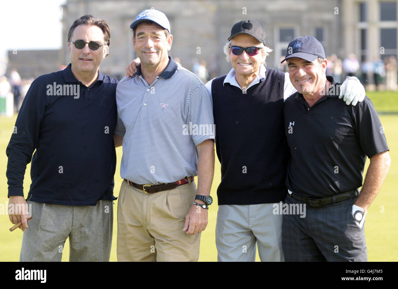 (left-right) Andy Garcia, Hugey Lewis, Michael Douglas and Tico Torres during a practice day for the Alfred Dunhill Links Championships at the Old Course, St Andrews. Stock Photo