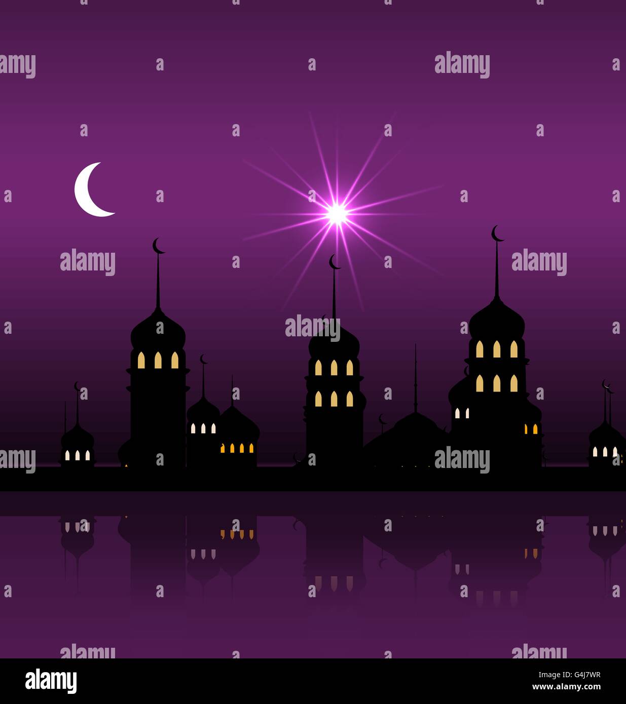 Silhouette of Mosque Against Night Sky with Crescent Moon Stock Vector ...