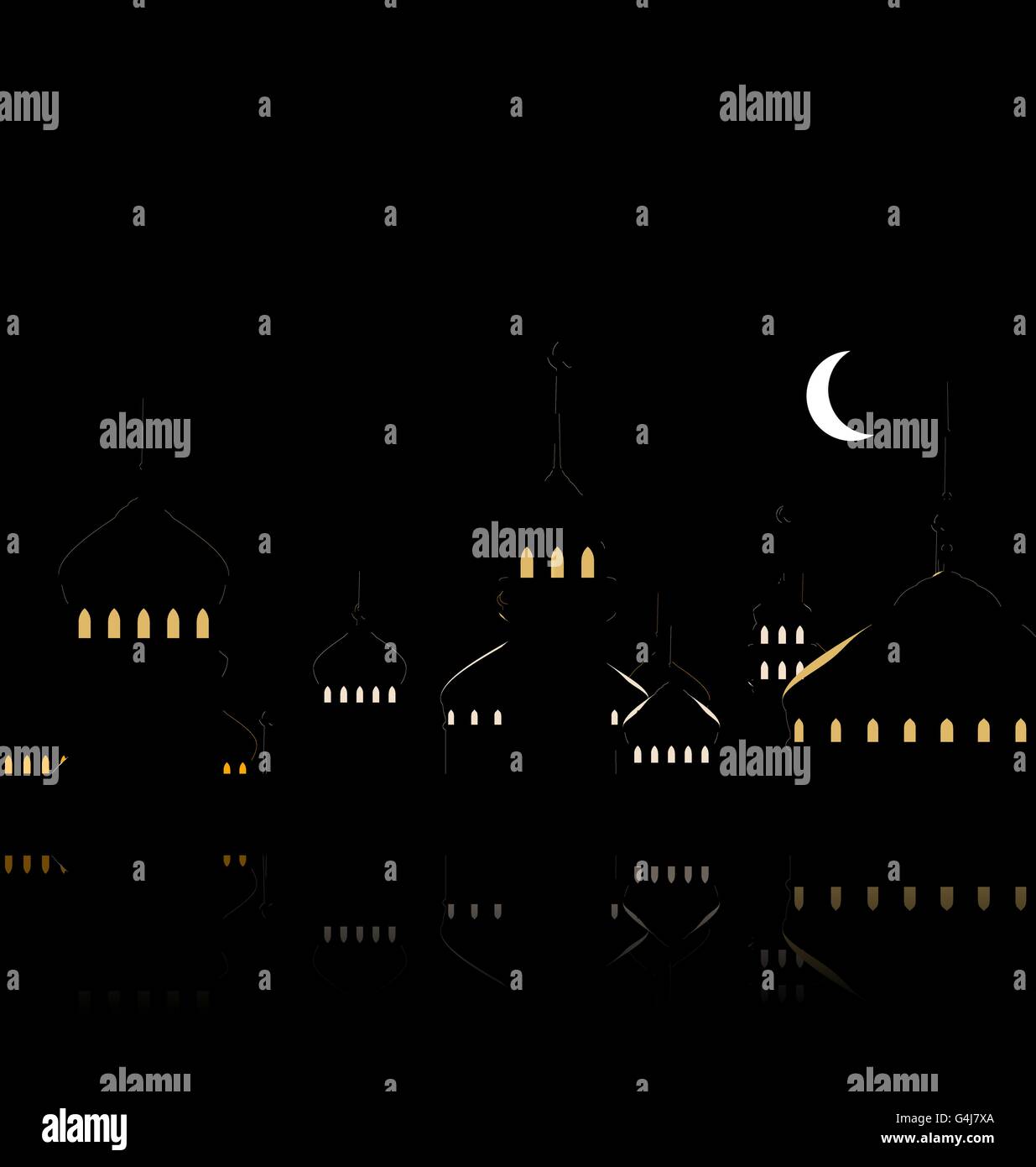 Silhouette of Mosque Against Night Sky with Crescent Moon Stock Vector ...