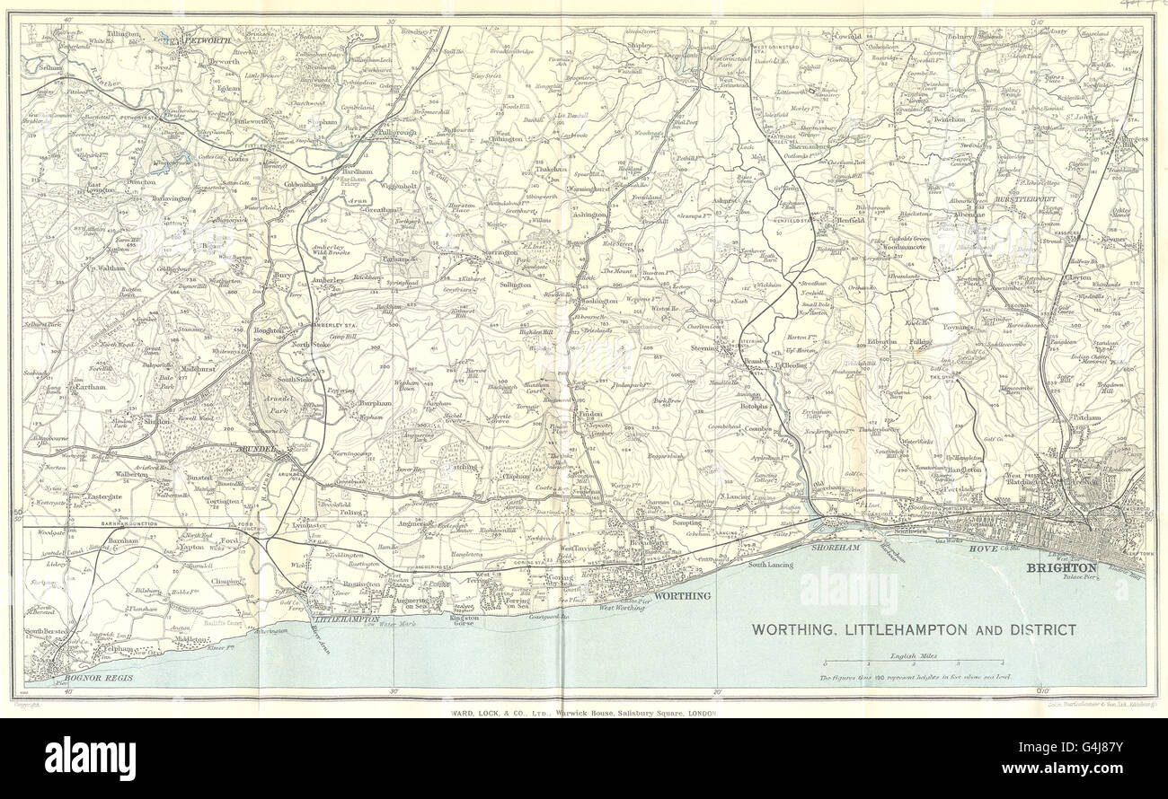 SUSSEX COAST:Brighton Worthing Bogor Regis Arundel S Downs.WARD LOCK, 1936 map Stock Photo