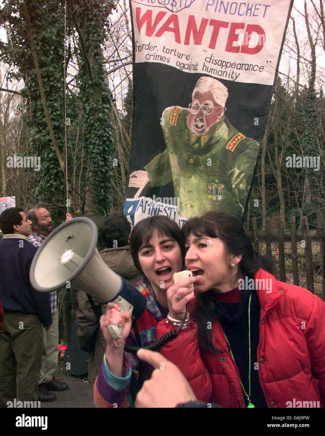 Pinochet protesters/megaphone Stock Photo