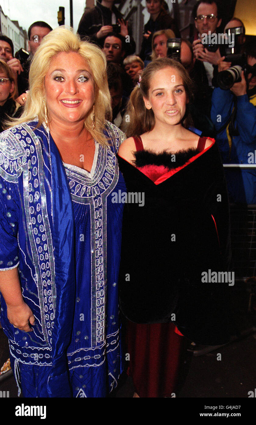 Vanessa Feltz (L) and daughter Allegra arrive at the Prince Edward Theatre, London, for the celebrity opening of 'Mamma Mia!', a musical based on the songs of the Swedish pop group Abba. Stock Photo