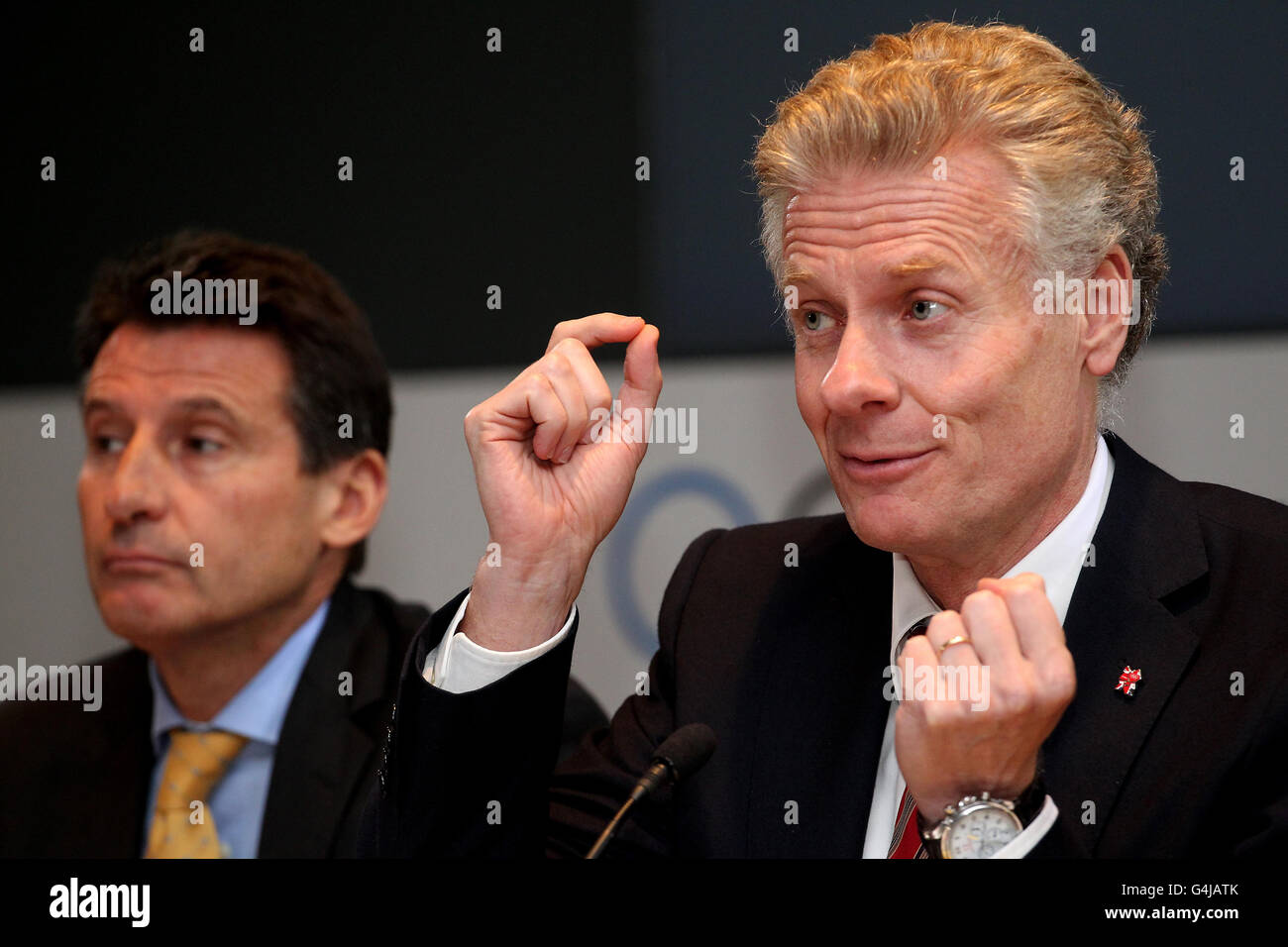 LOCOG CEO Paul Deighton (right) alongside LOCOG Chair Lord Sebastian Coe during the Closing Press Conference from the IOC Coordination Commission at Freshfield Bruckhaus Deringer, London. Stock Photo