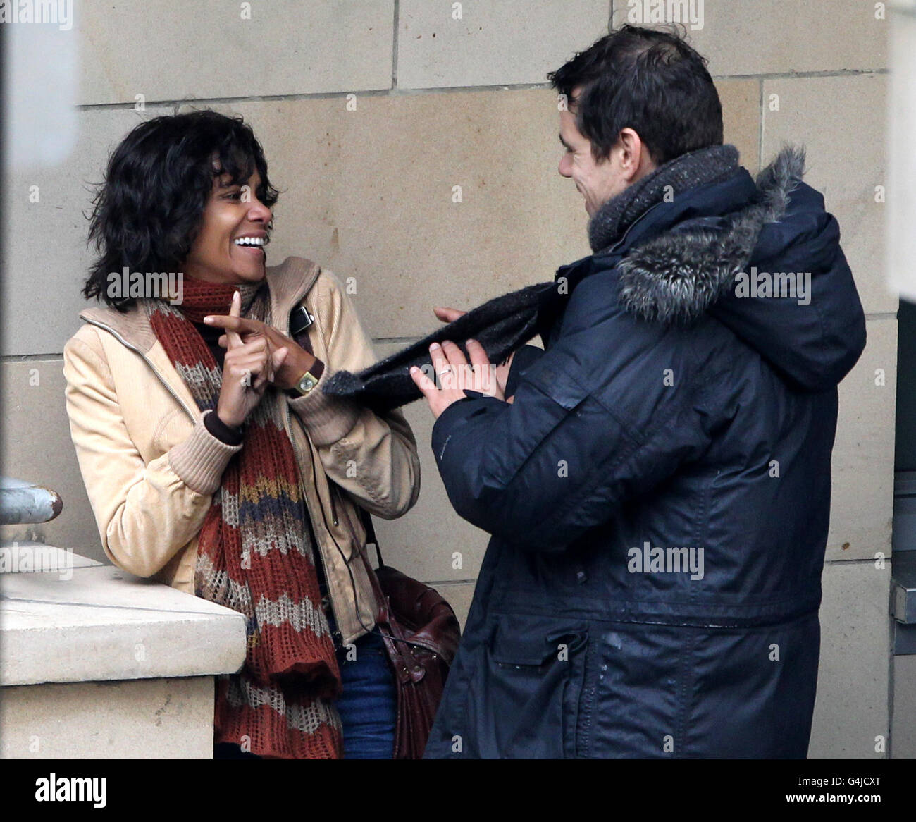 Halle Berry on the set of her new film Cloud Atlas which is currently being filmed in Glasgow in between takes with director Tom Tykwer . The film also stars Tom Hanks. Stock Photo