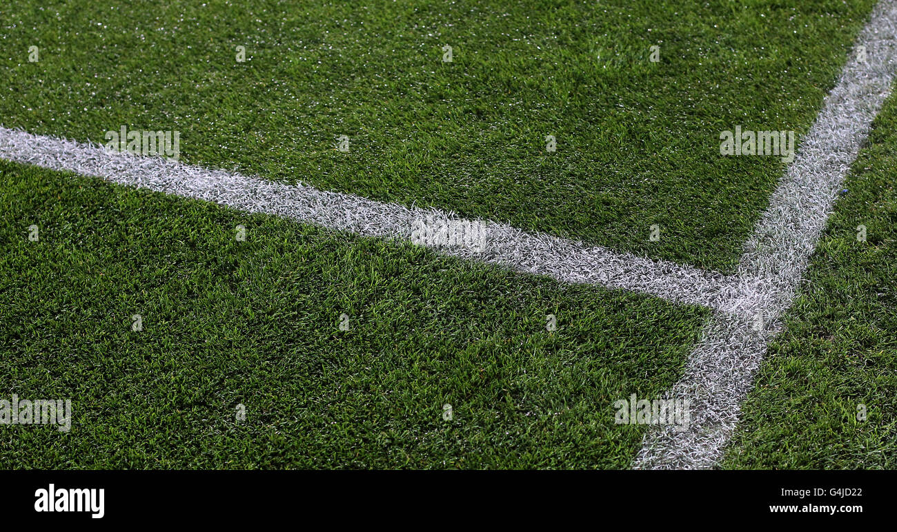Detailed view of white line markings on the pitch hires stock