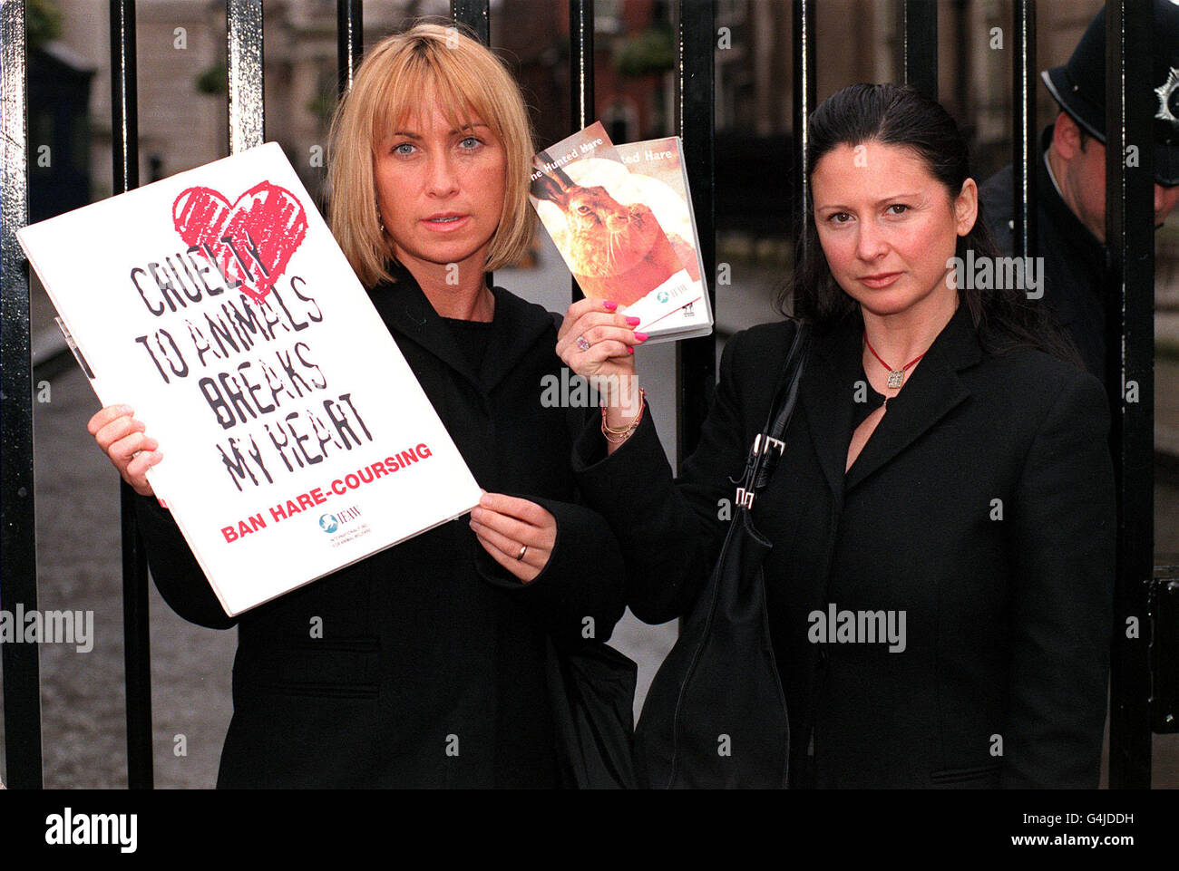 Meg Mathews, wife of Oasis star Noel Gallagher, at Downing Street to hand over a shocking new video footage of Hare-Coursing, obtained at the National Coursing Championships. * The video by IFAW (International Fund for Animal Welfare) is part of their campaign to end the barbaric sport of hunting with dogs. Stock Photo