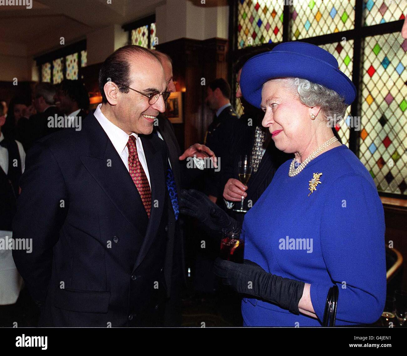 The Queen shares a joke with actor David Suchet during her visit to the Almeida Theatre in London, part of a tour by The Queen and the Duke to London's Theatreland. Stock Photo
