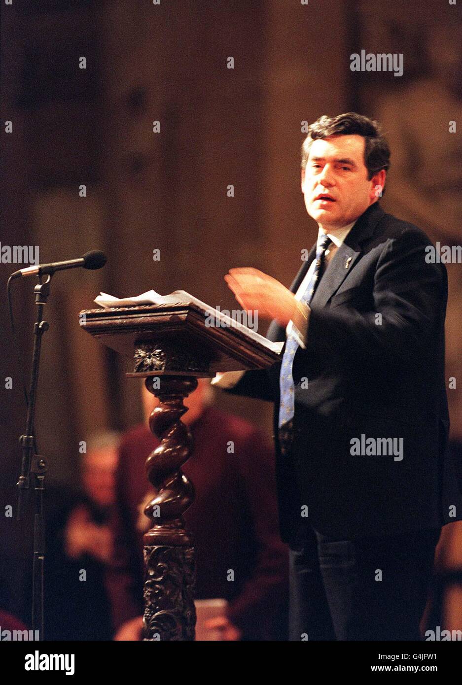 Chancellor of the Exchequer Gordon Brown addresses a meeting at St. Paul's Cathedral, organised by the London Jubilee 2000 Network as part of a campaign to call for the cancellation of Third World debt. Mr Brown set out a four point plan to help the poorest countries. Stock Photo