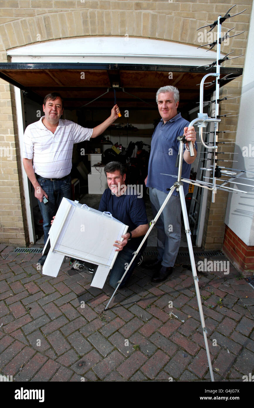 (From left to right) Members of the Sudbury Space Society John Burch Mark Newby-Robson and Kevin Godfrey, who plan to launch a home made space probe built in the garage of society member John Burch in Suffolk. Stock Photo