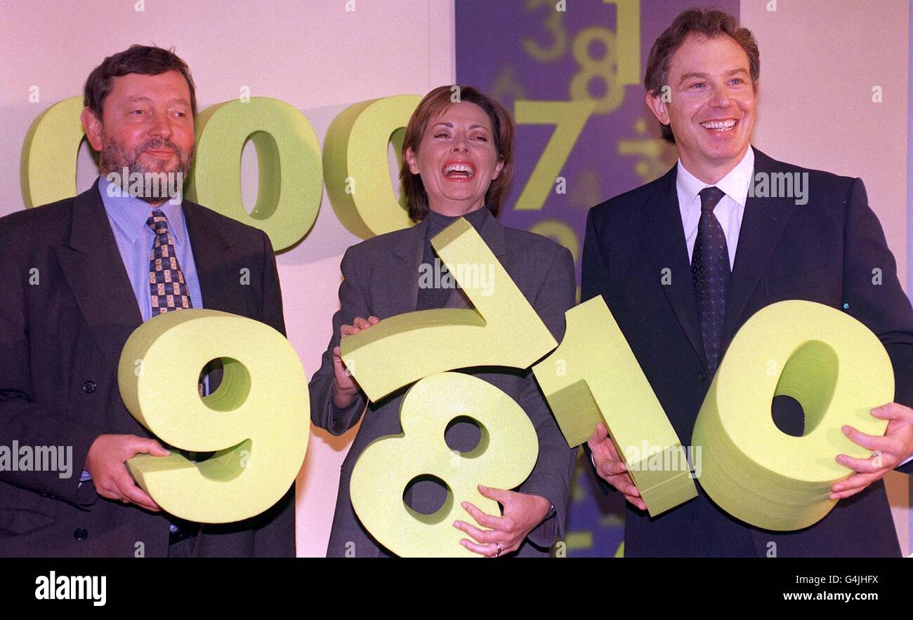 TV presenter Carol Vorderman flanked by Education Secretary David