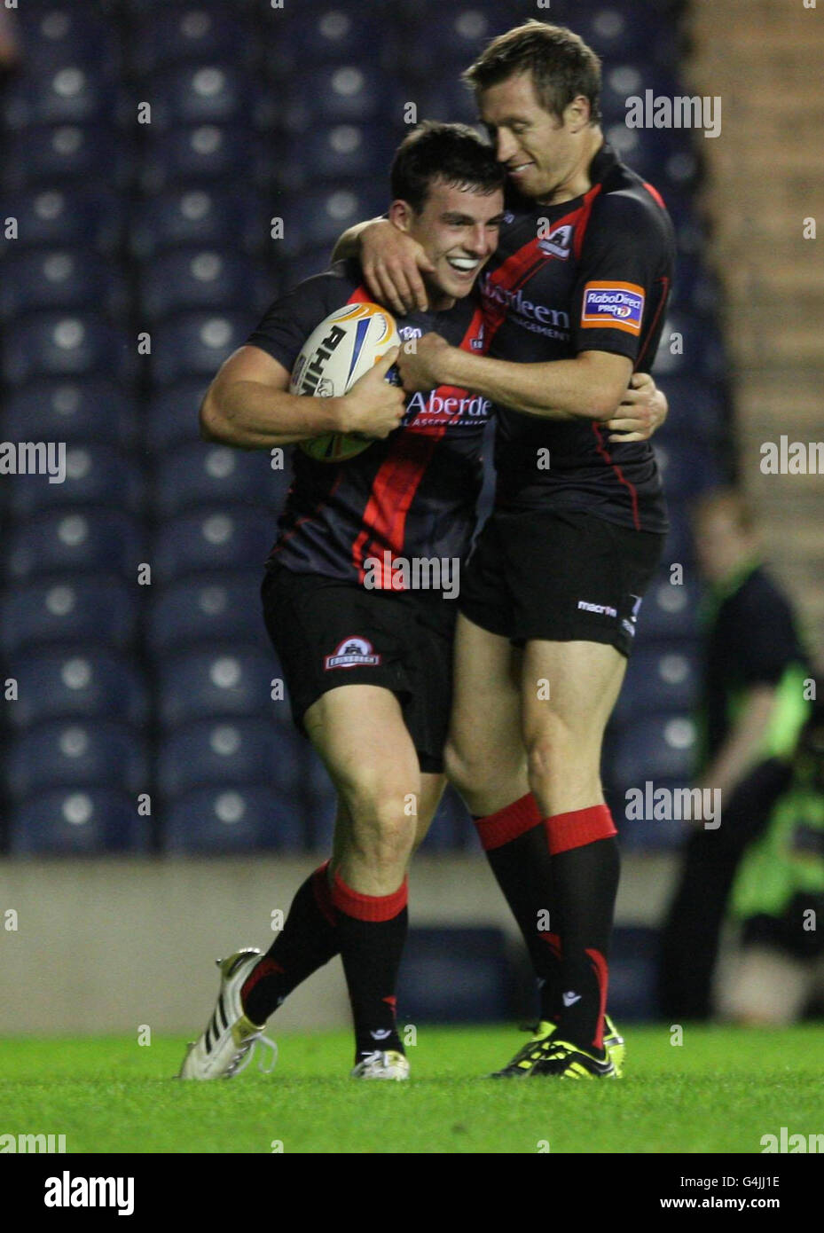 Edinburgh's Matthew Scott celebrates his first try during the RaboDirect PRO 12 match at Murrayfield, Edinburgh. Stock Photo