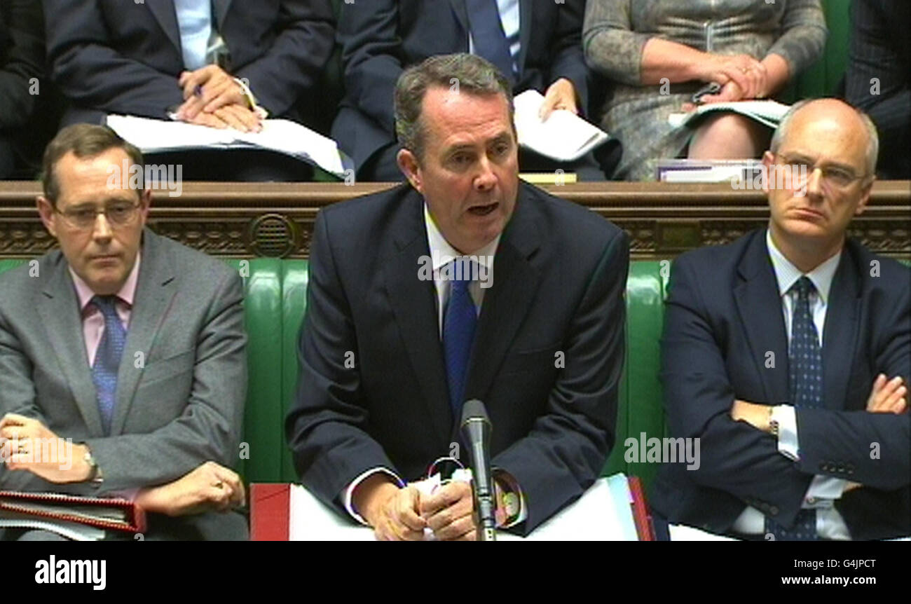 Defence Secretary Dr Liam Fox speaks in the House of Commons as he ...