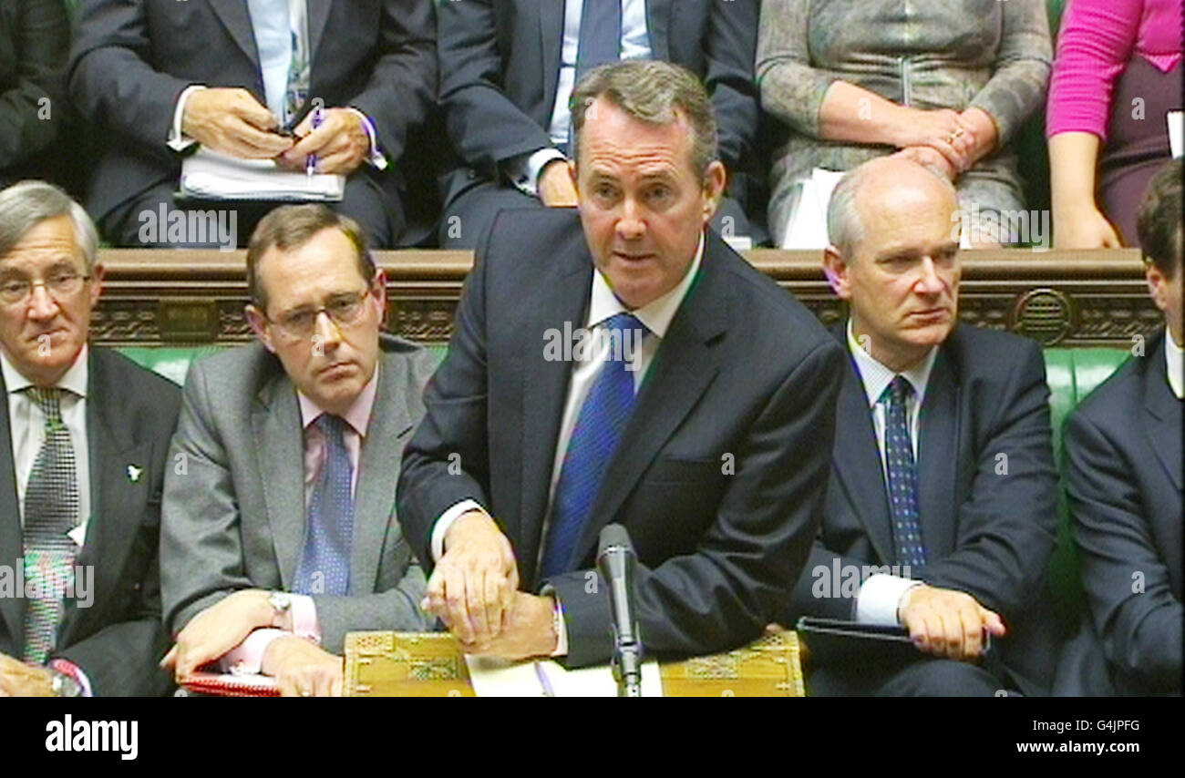 Defence Secretary Dr Liam Fox speaks in the House of Commons as he ...