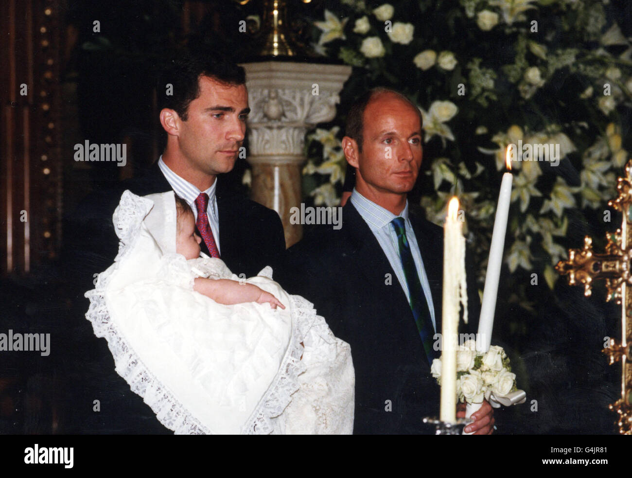 The christening of Prince Konstantine Alexios, son of Crown Prince and Princess Pavlos, at the Greek Cathedral in Central London. (L-R) The Prince of Asurias (Crown Prince Felipe of Spain) and Prince Dimitri of Yugoslavia. Stock Photo