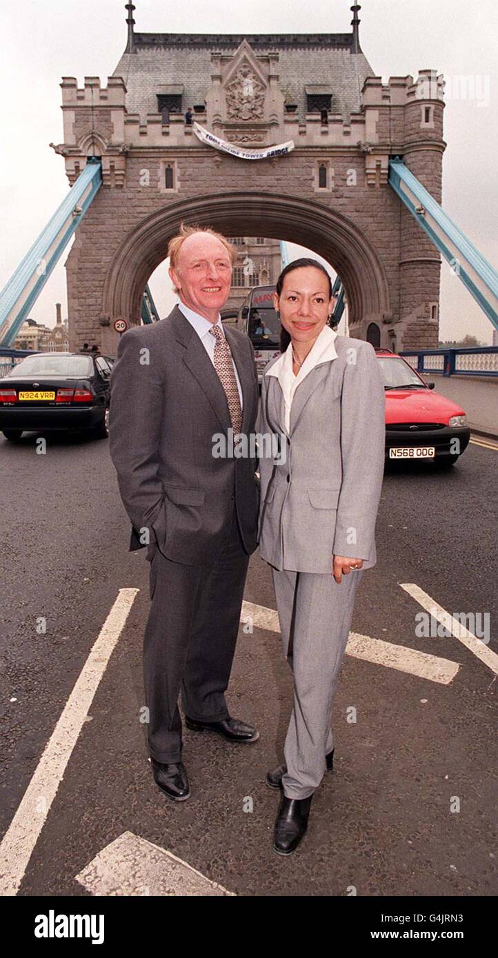 Neil Kinnock on Tower Bridge in London, where he was supporting the Bethnal Green and Bow Labour candidate Oona King. 25/4/99: King disclosed that she has received personal death threats from a racist right wing group calling themselves the White Wolves. * Brick Lane, scene of yesterday's bomb attack, is in her constituency. Stock Photo