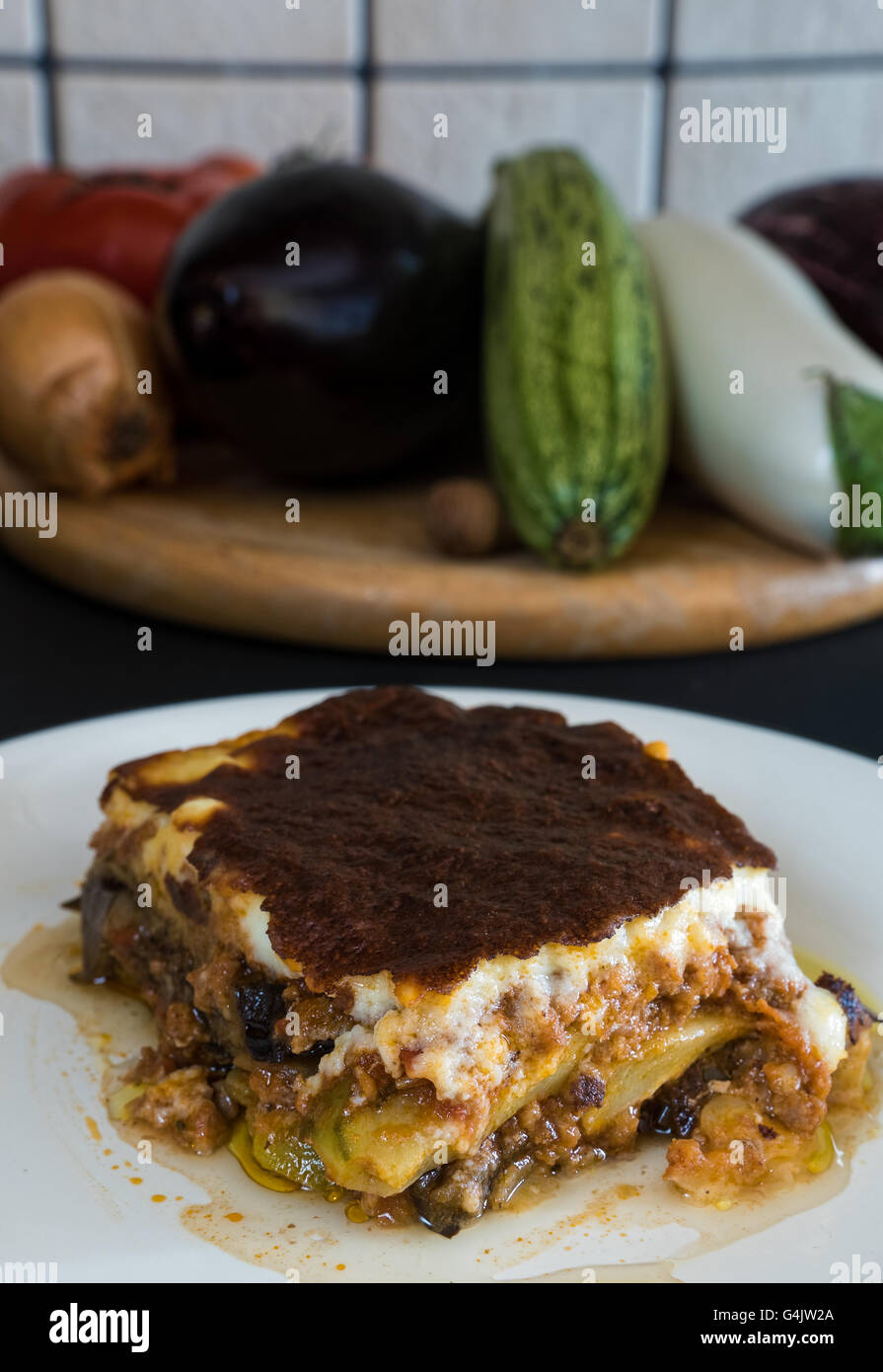 Muskaa Plate of homemade moussaka with various eggplants and other vegetables ...