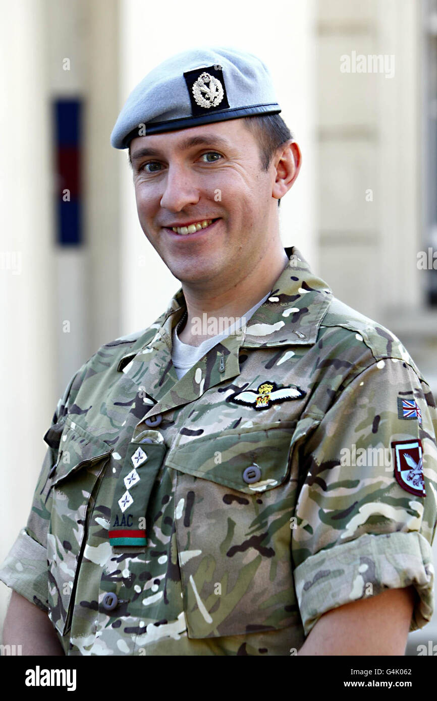 Captain Steven John-Paul Jones of the Army Air Corps at the Wellington barracks in London after he was awarded the Air Force Cross for his actions on Operations in Afghanistan. Stock Photo