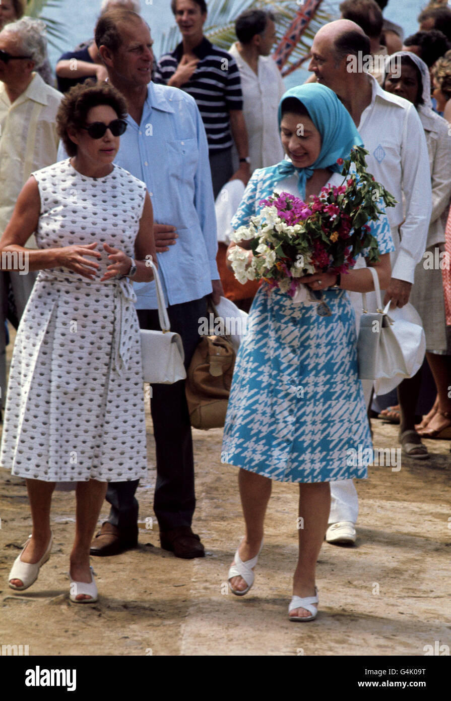 Queen Elizabeth II with Princess Margaret on Mustique. The Princess has