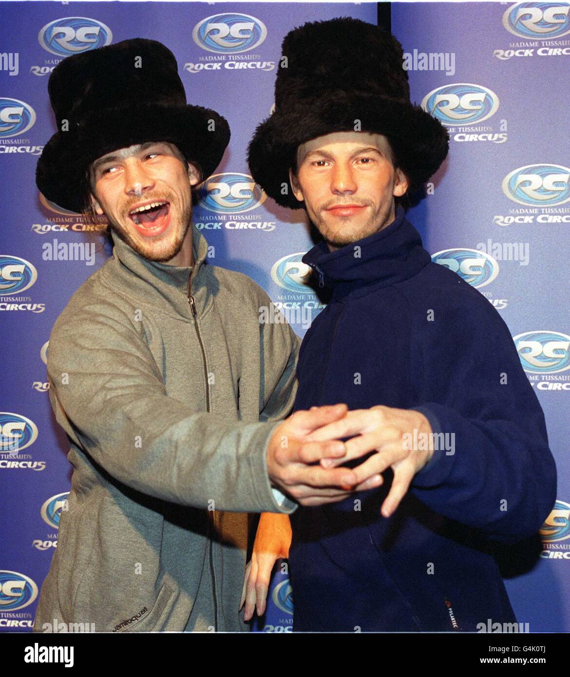 Jamiroquai frontman Jay Kay (left) comes face to face with his wax double,  during a photocall marking the official opening of the totally new look  Madame Tussaud's Rock Circus Stock Photo -