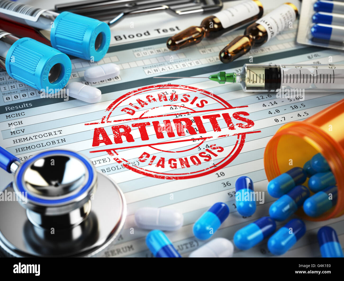 Arthritis diagnosis. Stamp, stethoscope, syringe, blood test and pills on the clipboard with medical report. 3d illustration Stock Photo