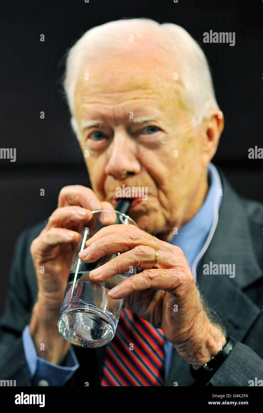 Former US President Jimmy Carter talks to the media during a press conference on the worldwide eradication of the water borne Guinea Worm disease from some of the Worlds poorest countries, at the Royal Commonwealth Society in central London. Stock Photo