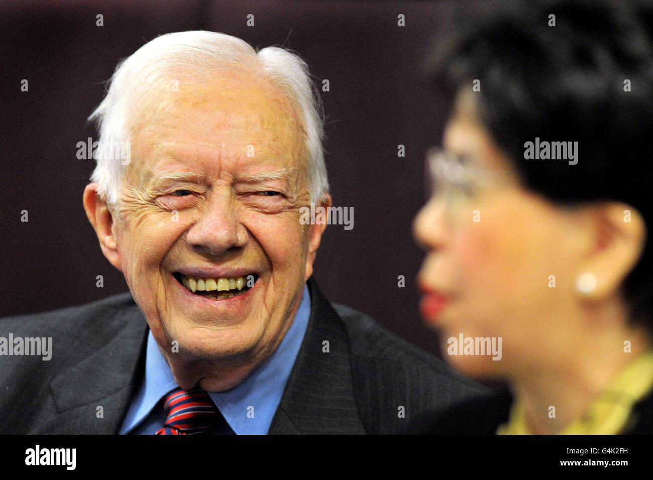 Former US President Jimmy Carter and Director General of the World Health Organization Margaret Chan during a press conference on the worldwide eradication of the water borne Guinea Worm disease from some of the Worlds poorest countries, at the Royal Commonwealth Society in central London. Stock Photo