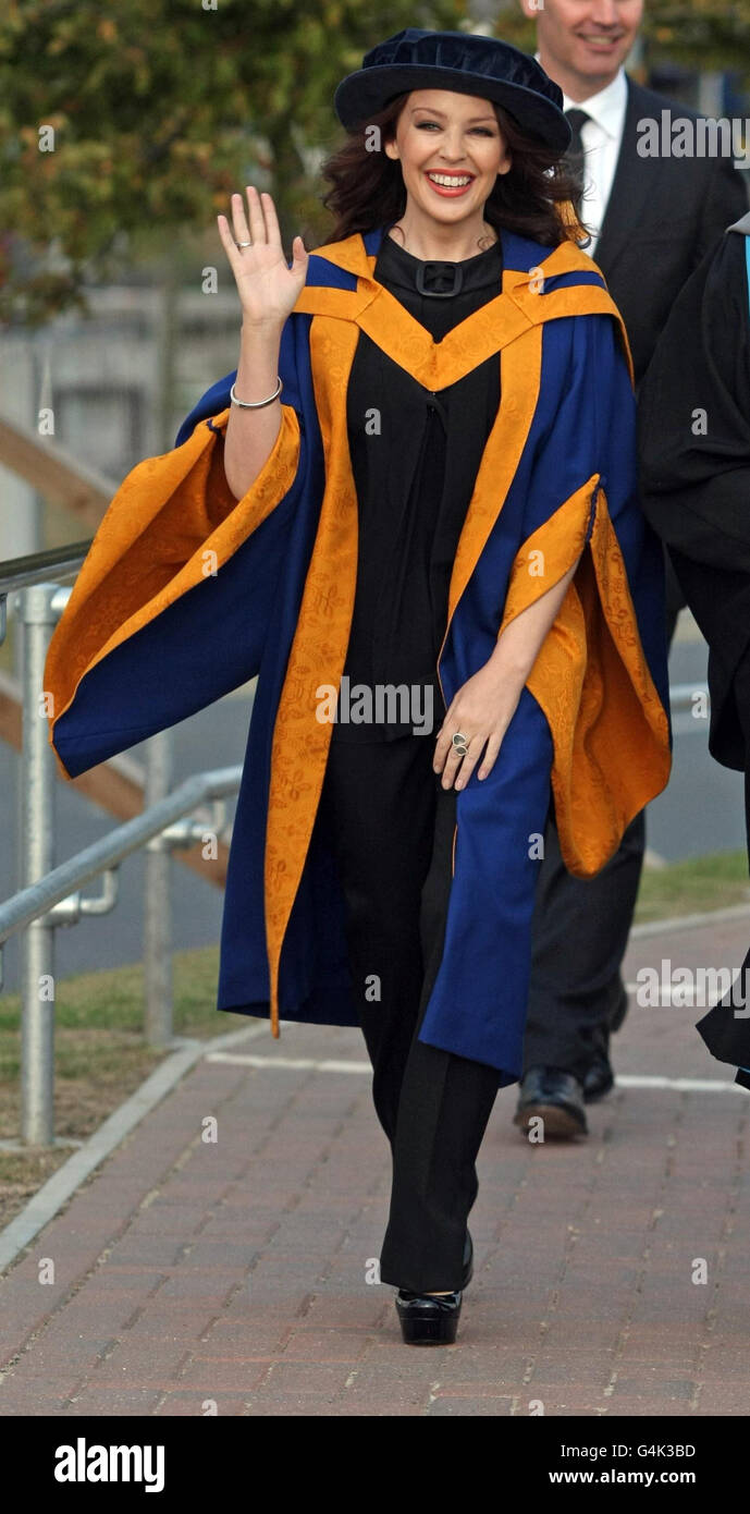 Singer Kylie Minogue arrives at Anglia Ruskin University before receiving an honorary degree in Chelmsford, Essex. Stock Photo