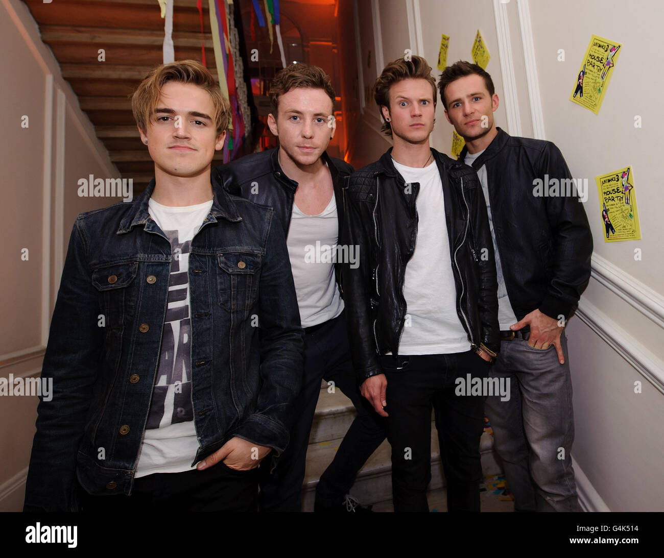 McFly (left to right) Tom Fletcher, Danny Jones, Dougie Poynter, Harry Judd, attend the launch of the video game, Just Dance 3 at Il Bottaccio in central London. Stock Photo