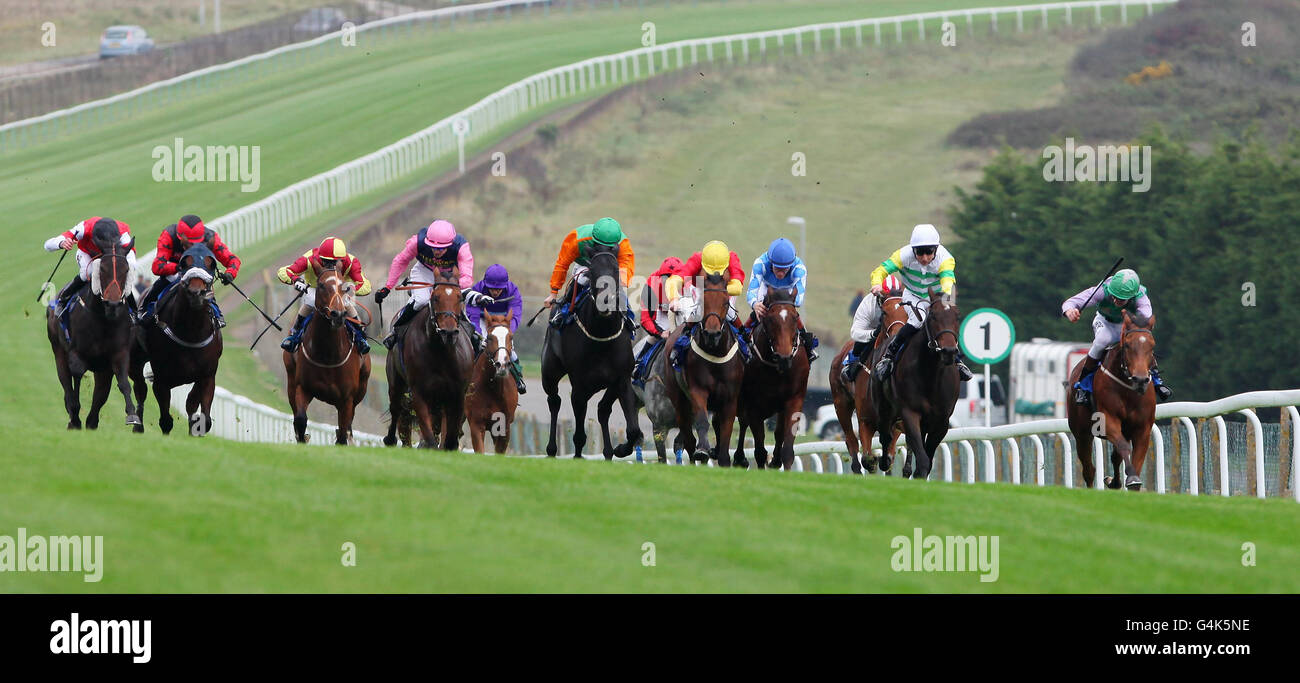 Penang Cinta ridden by Richard Evans (far right) moves away from the field to win The Frosts Fun At The Fireworks - 4th November Handicap Stakes at Brighton Racecourse, Brighton. Stock Photo
