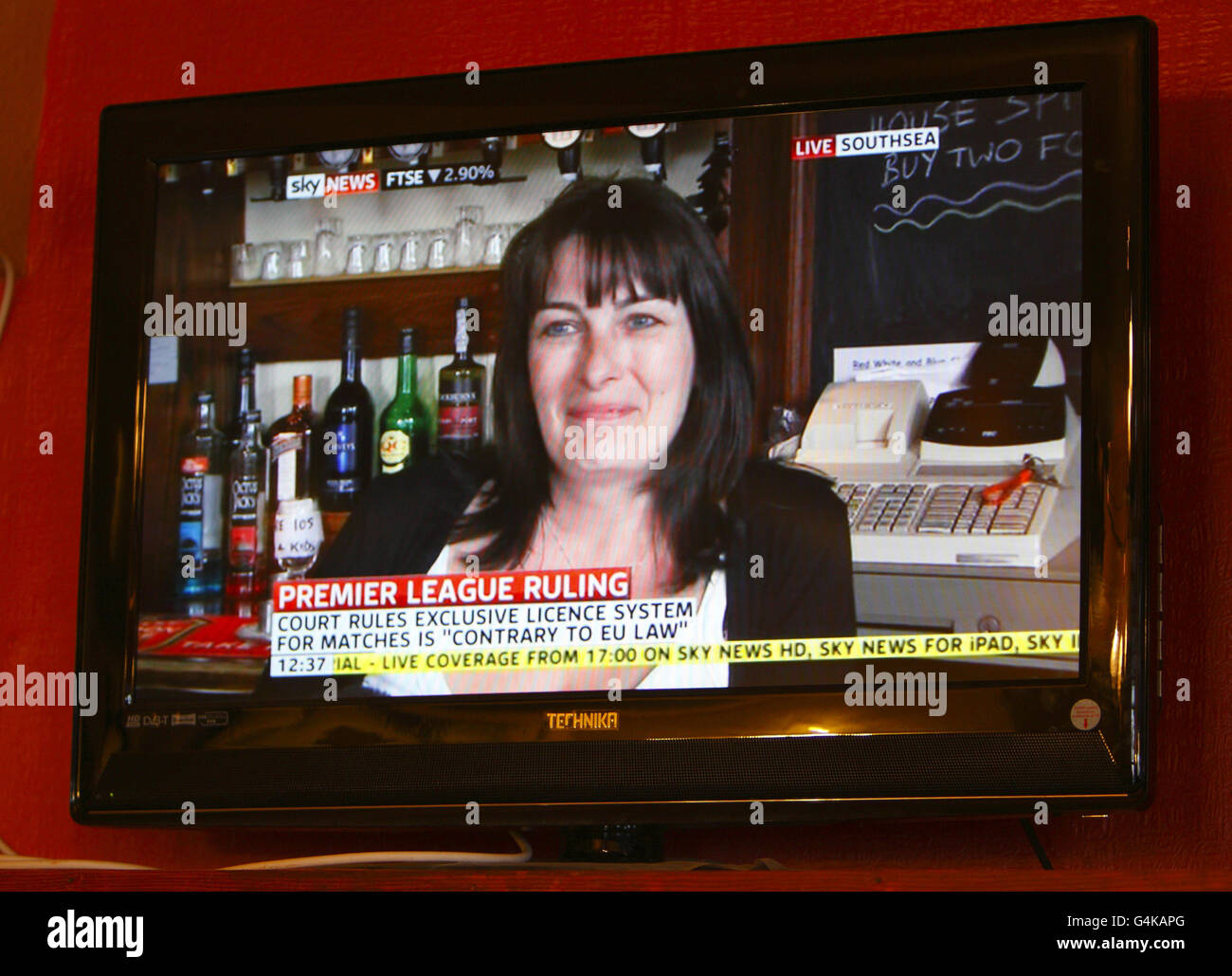 Pub landlady Karen Murphy giving an interview on the television in her pub, The Red White and Blue, in Portsmouth after defeating the Premier League in a bid to show football matches via a foreign TV decoder. Stock Photo