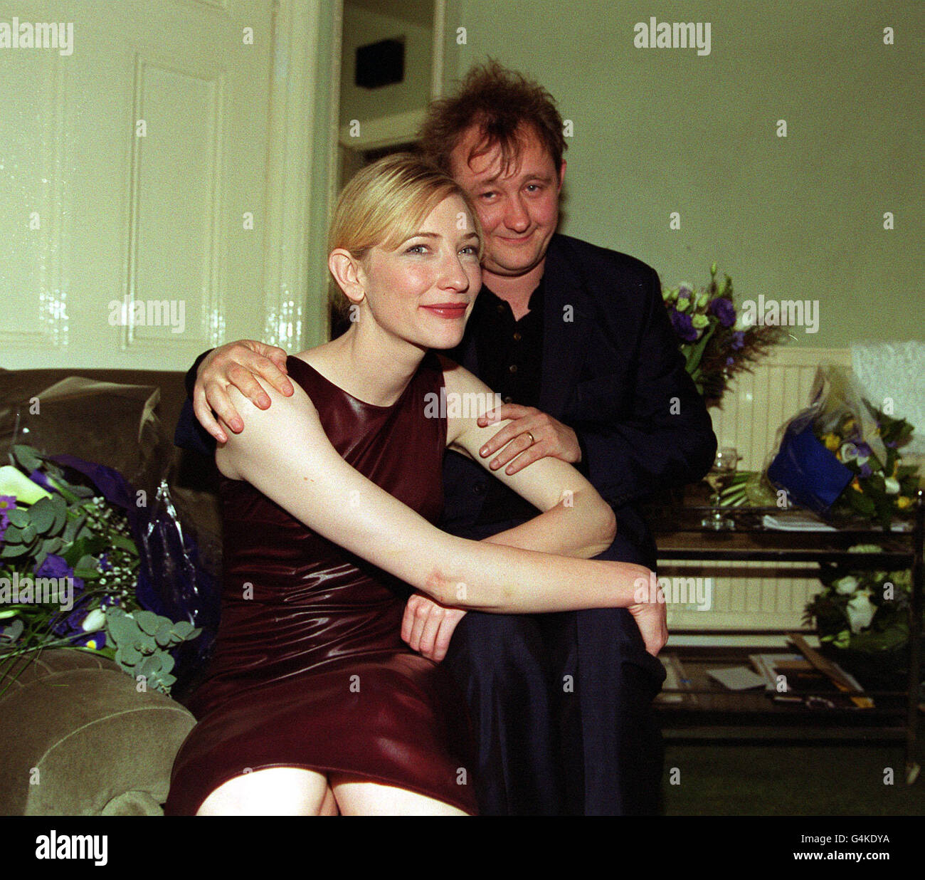 Oscar-nominated actress Cate Blanchett, with husband Andrew Upton, in her dressing room, after making her debut on the West End stage. Blanchett stars as highly-strung Susan Traherne in David Hare's Plenty at London's Albery Theatre. Stock Photo