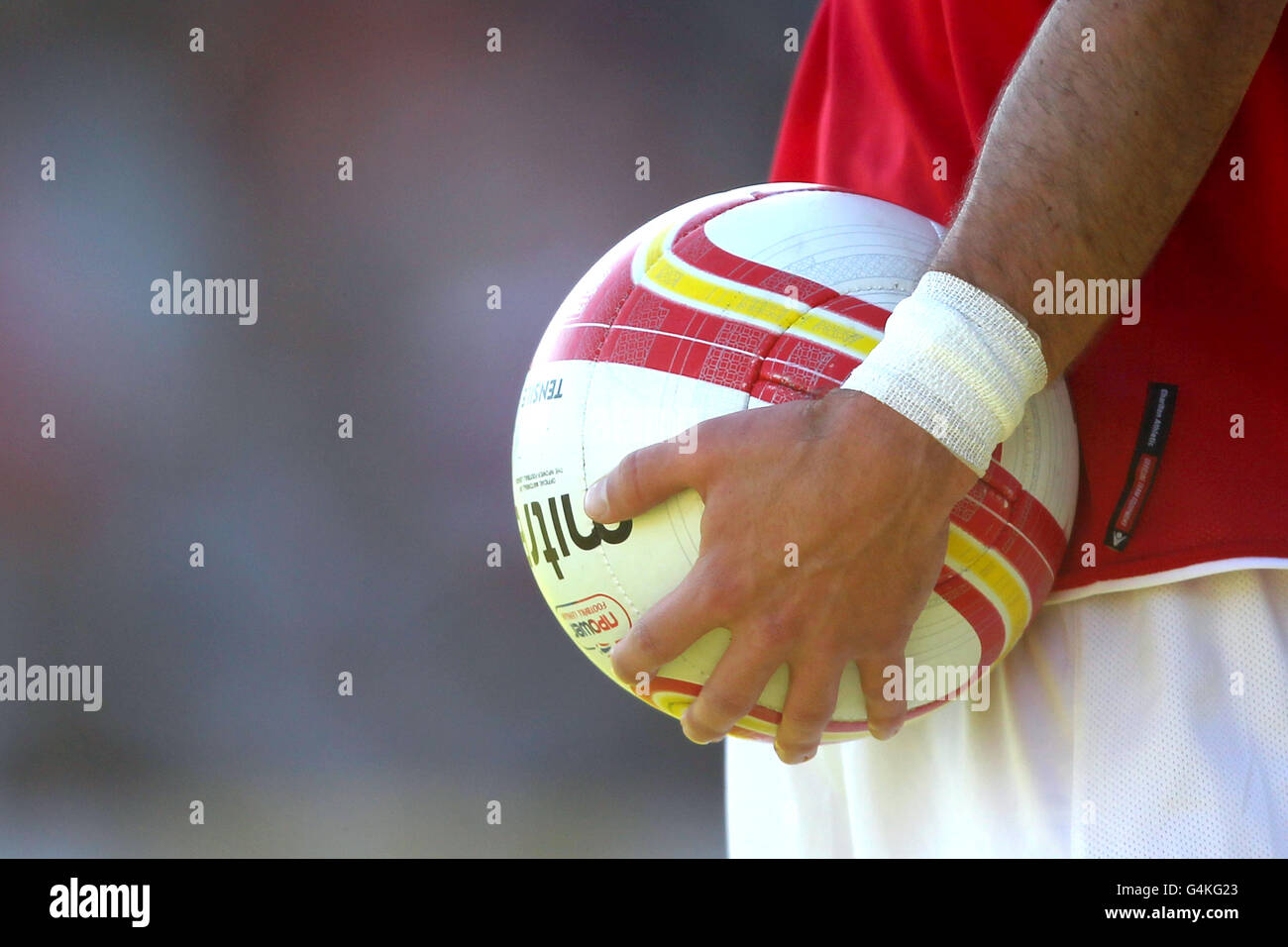 Soccer - npower Football League One - Stevenage v Charlton Athletic - The Lamex Stadium. Detail of Charlton Athletic's Rhoys Wiggins holding a match ball during the game Stock Photo