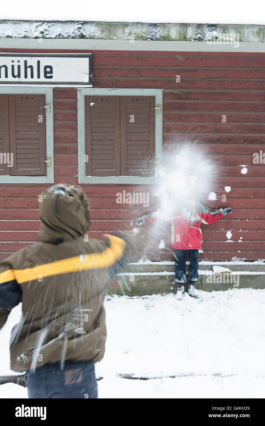 Children at snowball fight, Germany, Sachsen, Saxony, , Dippoldiswalde Stock Photo