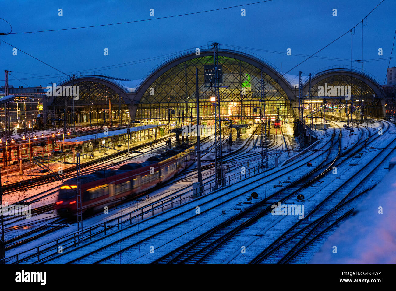 railway station Dresden Hauptbahnhof, trains, snow, night, Germany, Sachsen, Saxony, , Dresden Stock Photo