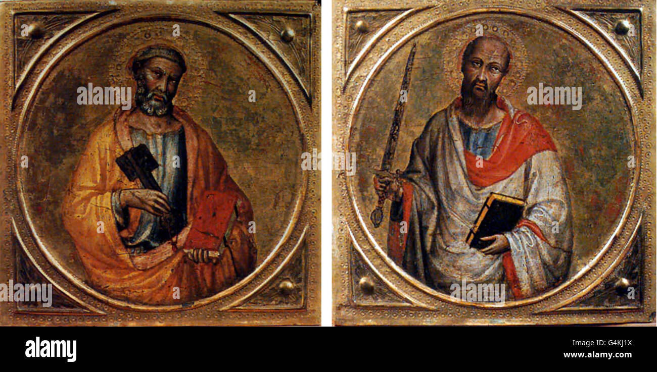 Catalogue entry of the paintings by Martino di Bartolommeo of St Peter (left) and St Paul (1420), one of the paintings stolen from York City Art Gallery in January 1999 which have been recovered. Stock Photo