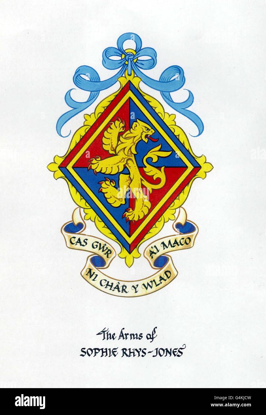 The new coat of arms for the family of Sophie Rhys-Jones, the fiance of Britain's Prince Edward. Sophie Rhys-Jones said that her family's new coat of arms was 'wonderful'. The new look design incorporates all the elements of her family's previous coat of arms. * It shows the Rhys-Jones' noble descent from Wales and retains the family's ancient motto in Welsh, translating into 'Hateful the man who Loves not the Country that nurtured him'. A gold lion is the main feature, shown on a diamond which is quartered into gules (red) and azure (blue), the colours of the Royal Fusiliers in which members Stock Photo