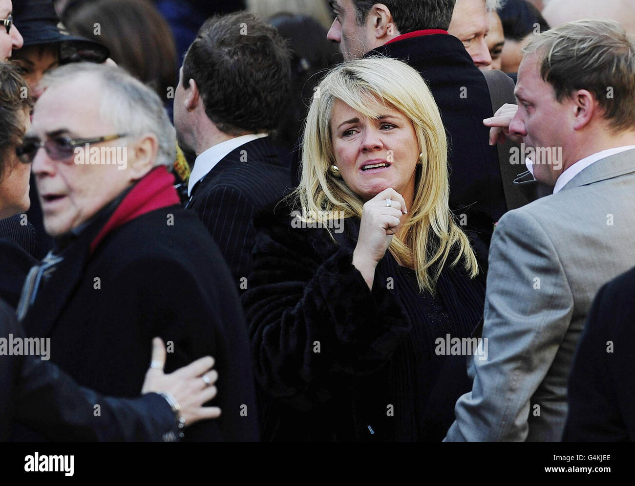 (l-r) Bill Tarmey, Sally Lindsay and Antony Cotton leave St Ann's Church in Manchester city centre after the funeral service for Betty Driver. Stock Photo