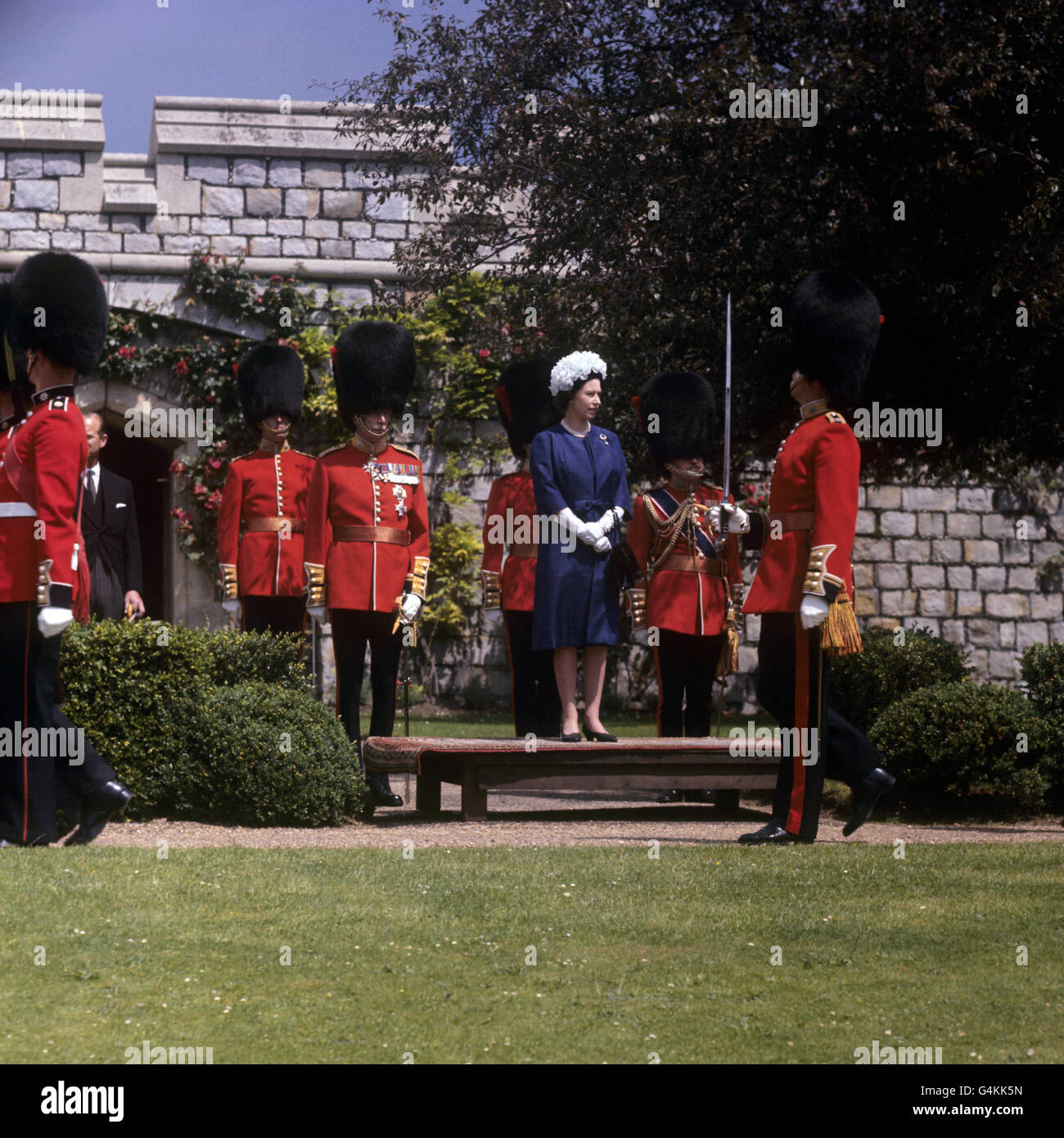 Queen Elizabeth II presents colours to the 1st and 2nd Battalions Coldstream Guards at Windsor. Stock Photo