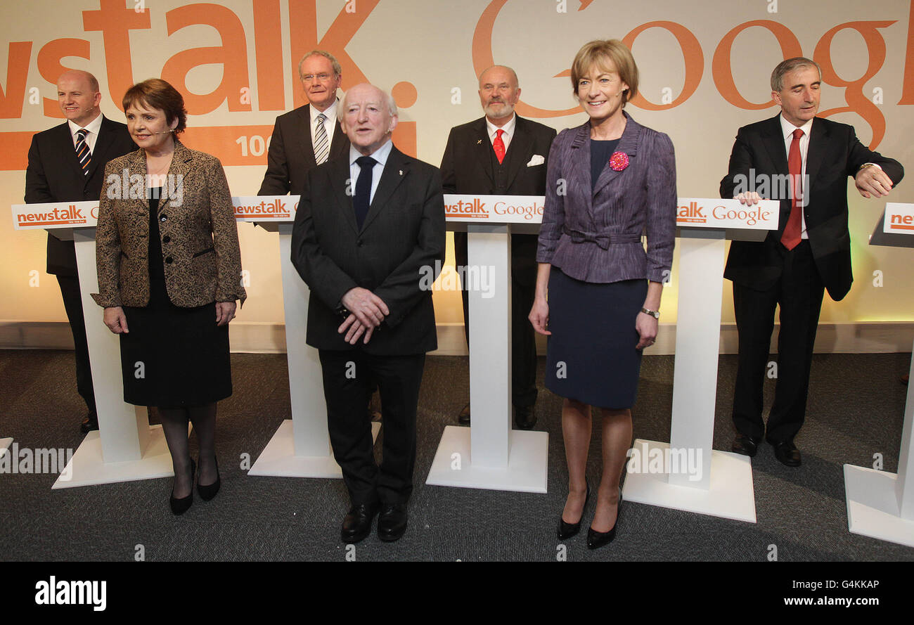 Presidential candidates, (left to right back row) Sean Gallagher, Martin McGuinness, David Norris, Gay Mitchell, with (left to right front row) Dana Rosemary Scallon, Michael D Higgins and Mary Davis, ahead of the presidency candidate debate hosted by Google and Newstalk, at Google Headquarters in Dublin. Stock Photo