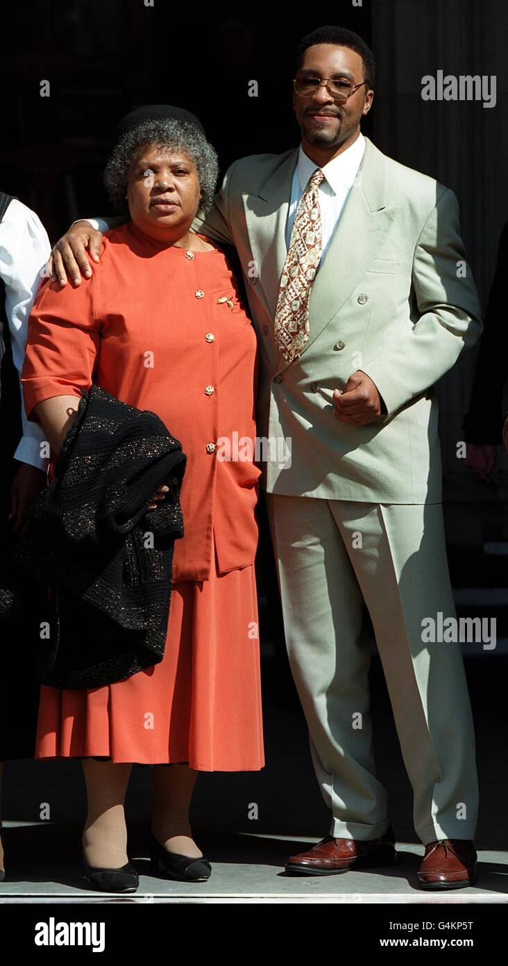 Former boxer Michael Watson, who has been left permanently disabled after a fight with Chris Eubank in 1991, with his mother at the High Court in London, where he launched an action for compensation against the British Boxing Board of Control. Stock Photo