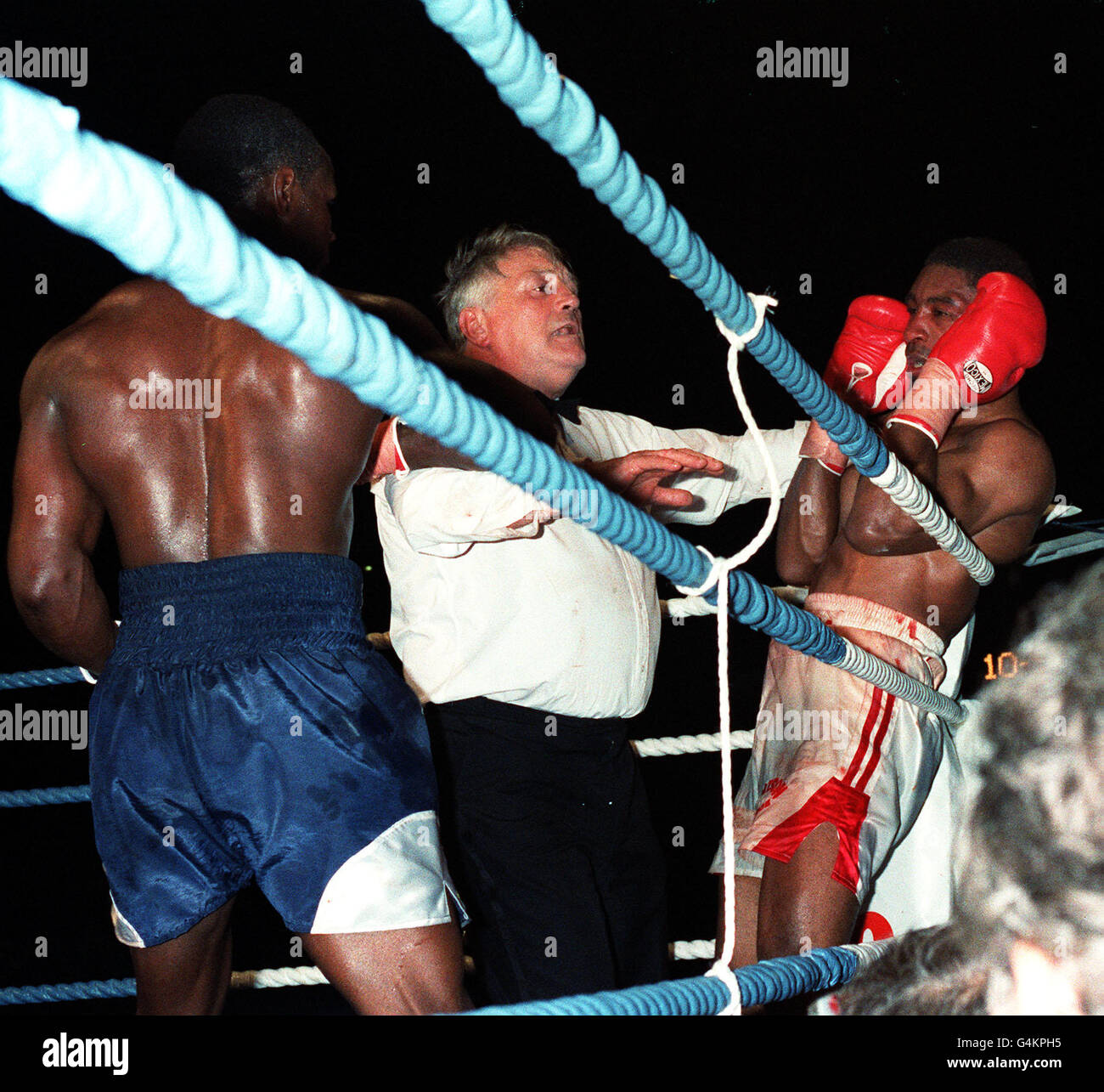 The referee stops the WBO Super Middleweight fight between Michael Watson (right) and Chris Eubank, in Eubank's favour, at Tottenham's White Hart Lane ground in London. Watson collapsed in his corner after the fight. * 24/9/99: A high court judge has ruled that the British Boxing Board of Control was liable for the brain damage suffered by Watson in the fight with Eubank. 19/12/2000: The British Boxing Board of Control lost its appeal against a ruling that it was liable for the devastating brain damage suffered by the fighter. Stock Photo