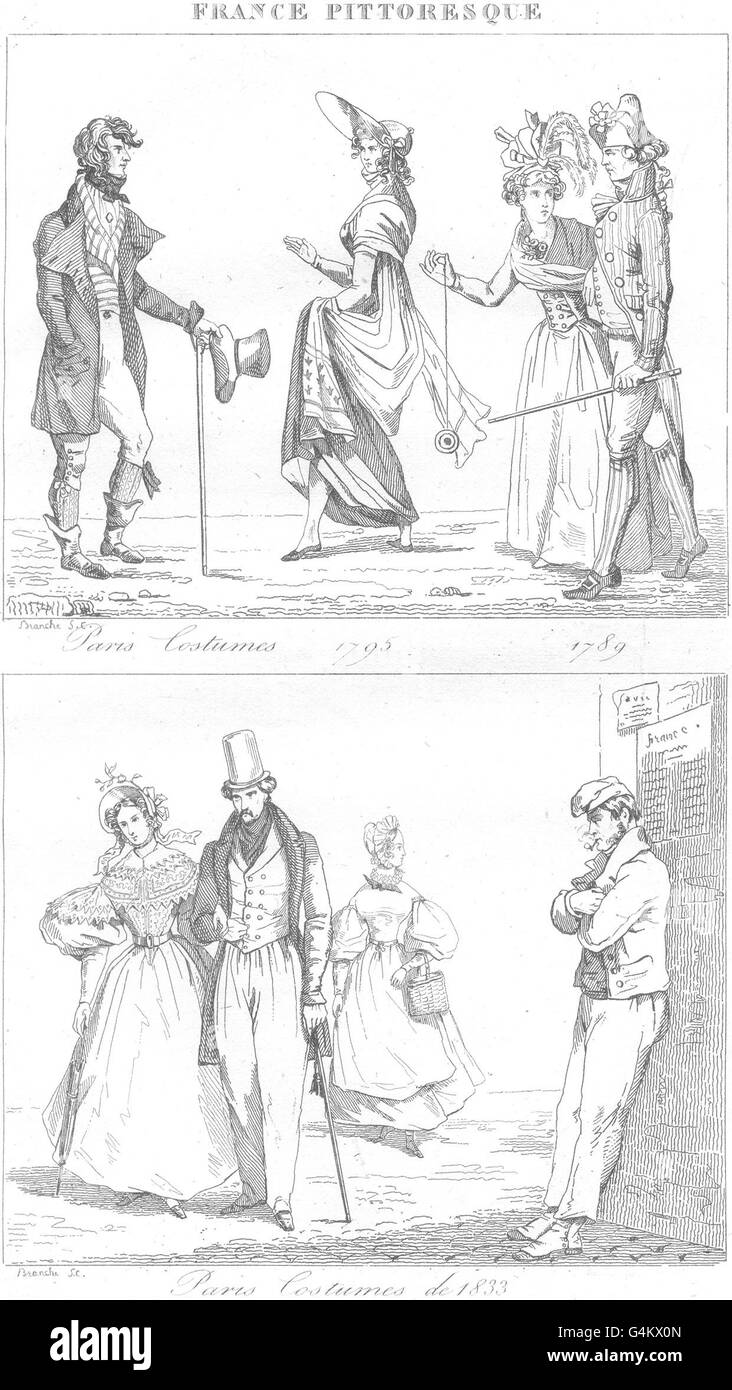 PARIS: Paris Costumes 1795 1789; Paris Costumes de 1833, antique print 1835 Stock Photo