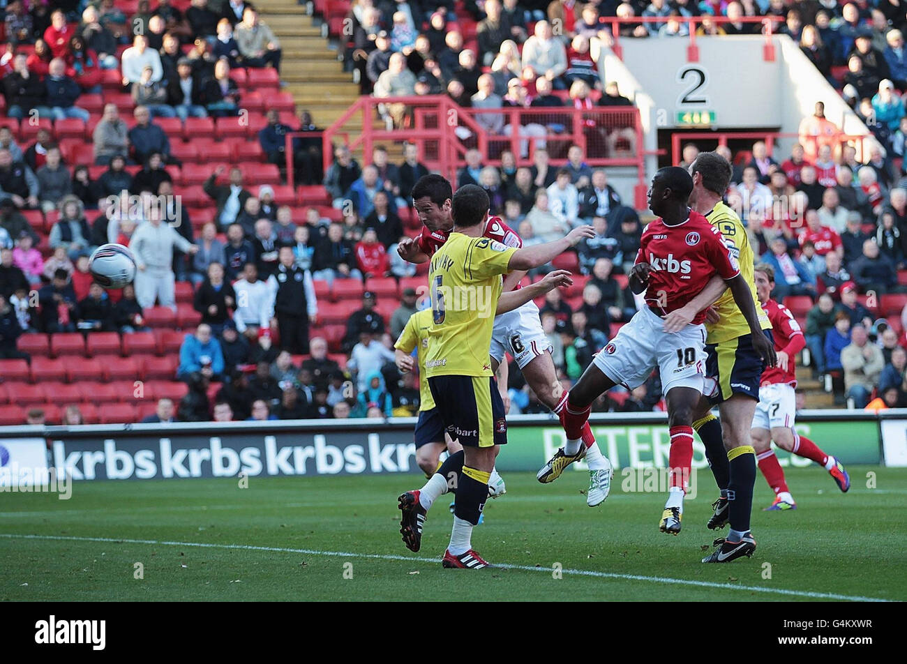 Charlton Athletic's Yann Kermorgant scores during the npower Football League One match at The Valley, London. Stock Photo