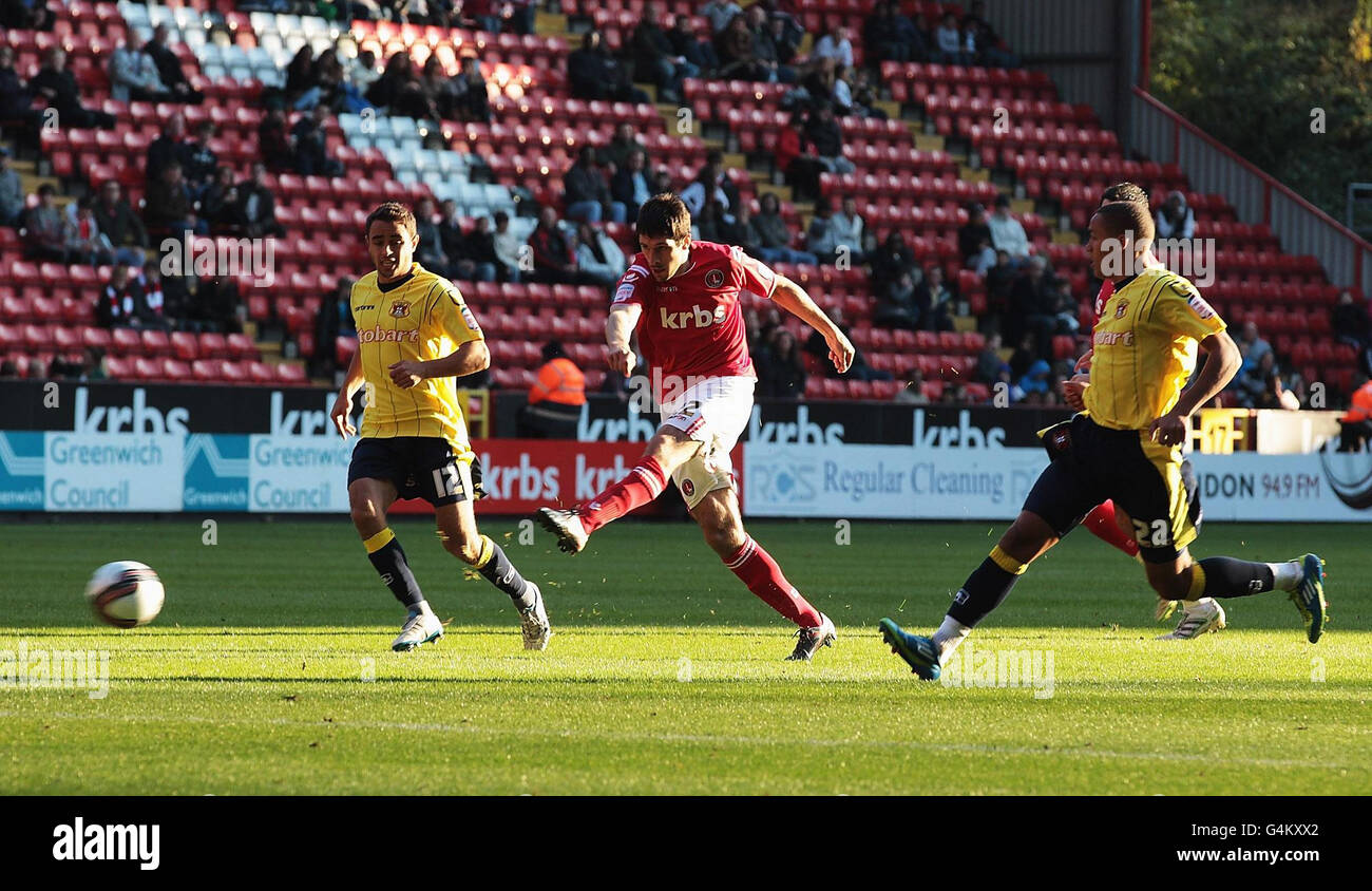 Charlton's Danny Hollands scores during the npower Football League One match at The Valley, London. Stock Photo