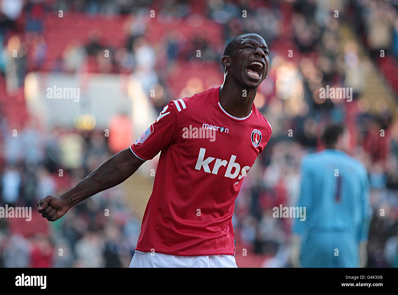 Charlton Athletic's Bradley Wright-Phillips celebrates scoring during the npower Football League One match at The Valley, London. Stock Photo