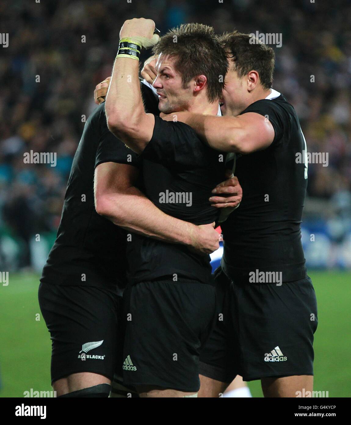 (left to right) New Zealand's Ali Williams, Richie McCaw and Israel Dagg celebrate winning the world cup final Stock Photo