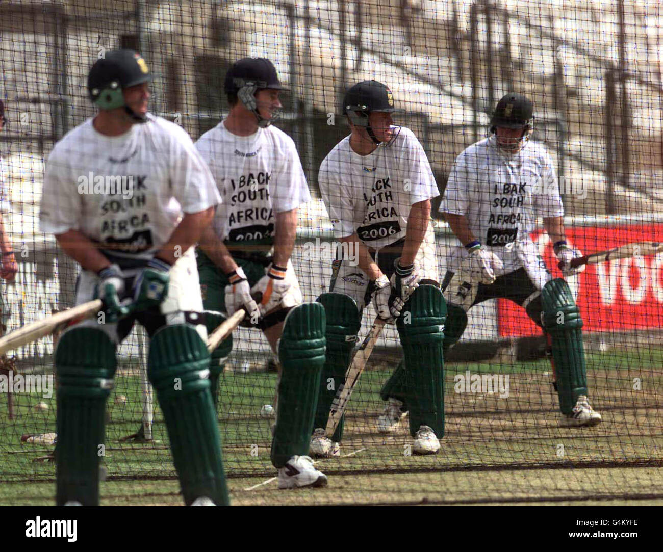South African batsmen, have a clear message on their t-shirts during net practice at The Oval cricket ground, prior to their Cricker World Cup match against England. Stock Photo